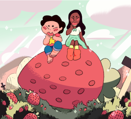 Jam buds having a picnic on a giant strawberry