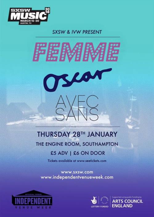 A groovy happening for SXSW and BBC Radio 6 Music in the one and only town of Southampton. Get ya tickets!! http://www.seetickets.com/event/femme-avec-sans-oscar-ivw-sxsw-show-/engine-rooms/943402 🐠 🐠 🐠