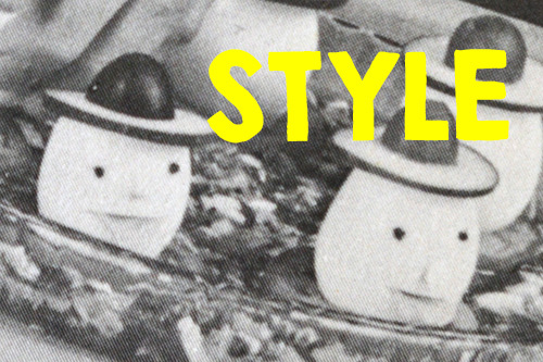 Bright yellow text "STYLE" written over an image of crazy clown eggs.