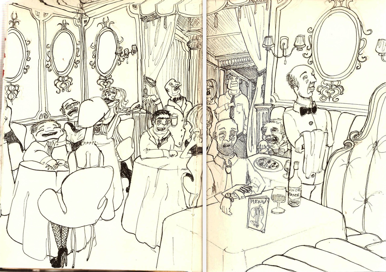 Two pages from my sketchbook, apologies for the blurry bit in the middle. Follow me, etc.