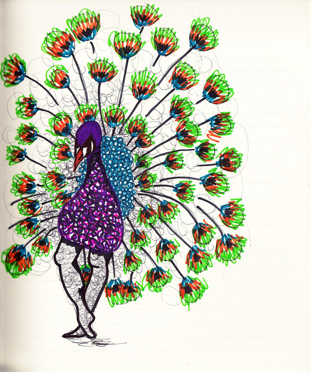 “Says the peacock.” This is my friend, Christian Kelly. He’s a peacock and those are clearly his legs. Drawn with a ball-point pen and markers.