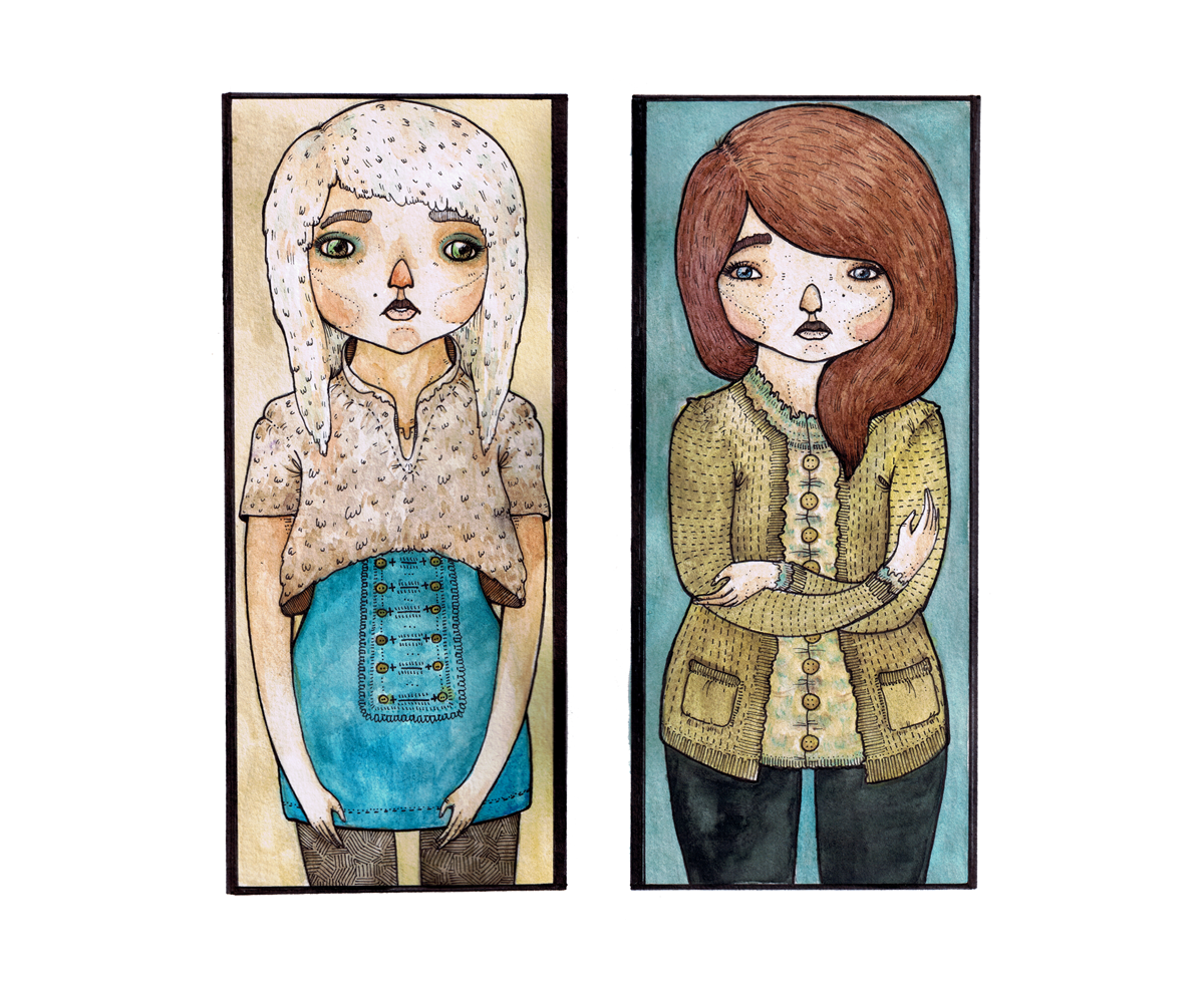 two ladies. watercolours painted with rain water and inked with micron pens. by ambird.