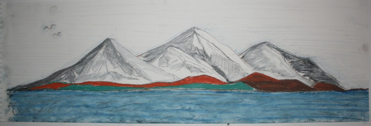 Mountain Three Gulls - Graphite / Color Pencils / Conte on Paper