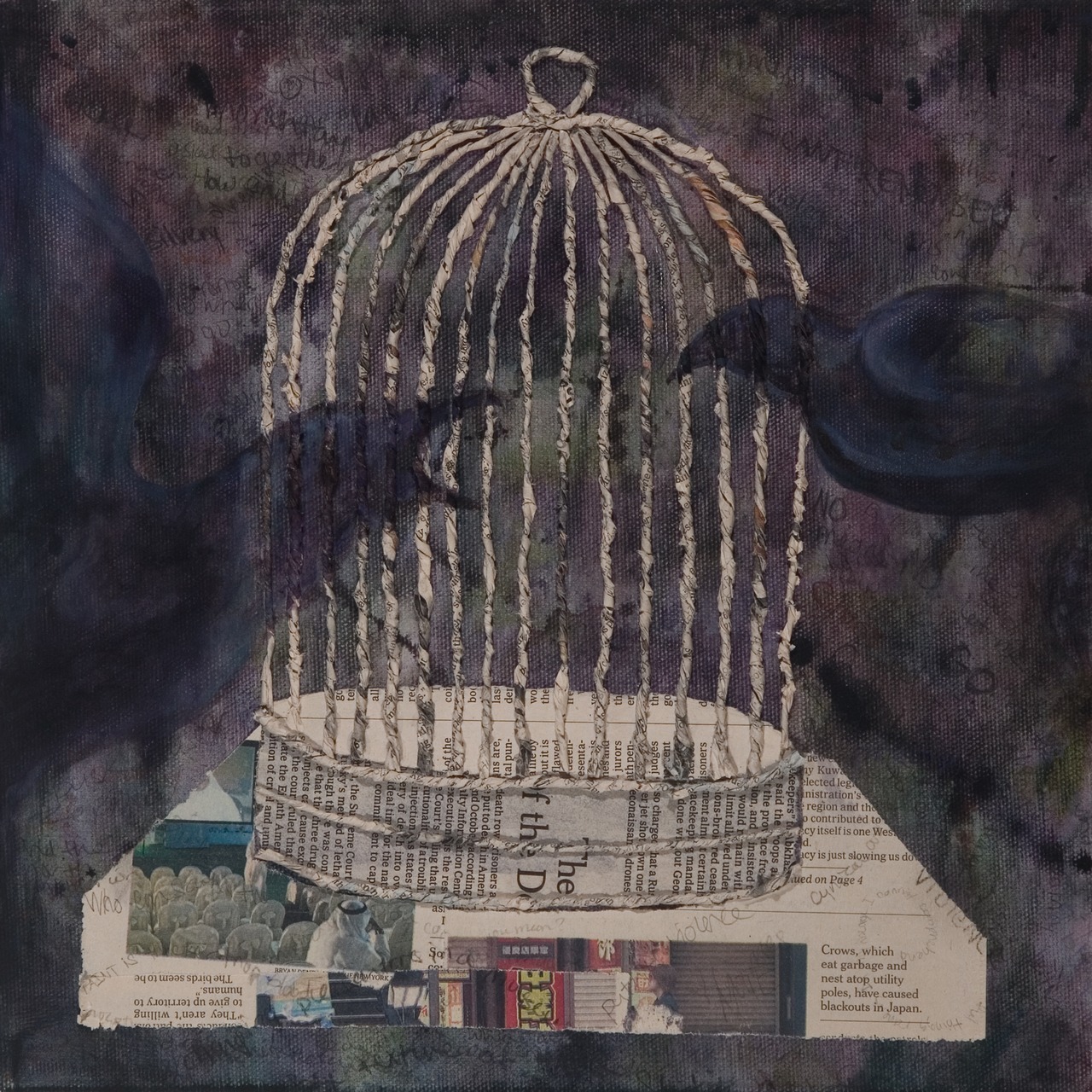 Transcending the Newspaper Cage. acrylic, pencil and newspaper