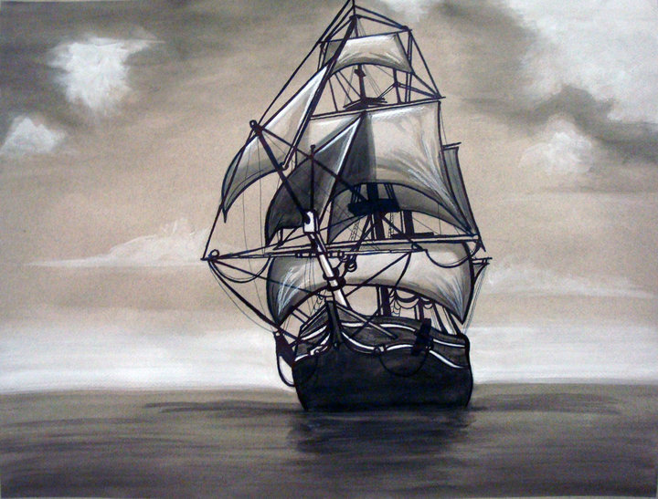 lonely sailing ship. watercolor, sharpie, and colored pencil on gray canson paper. may 2010.