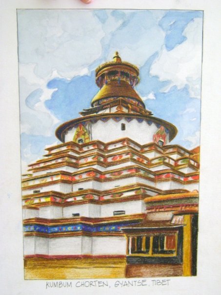 Kumbum Chorten, Tibetan Architecture Colored pencils and watercolor on Berkley board BY: depeche-toi @ tumblr