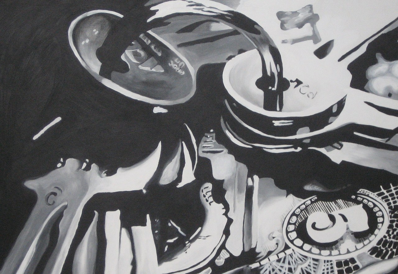 “Keys and Money” by Olivia Perkins black and white acrylic paint on canvas