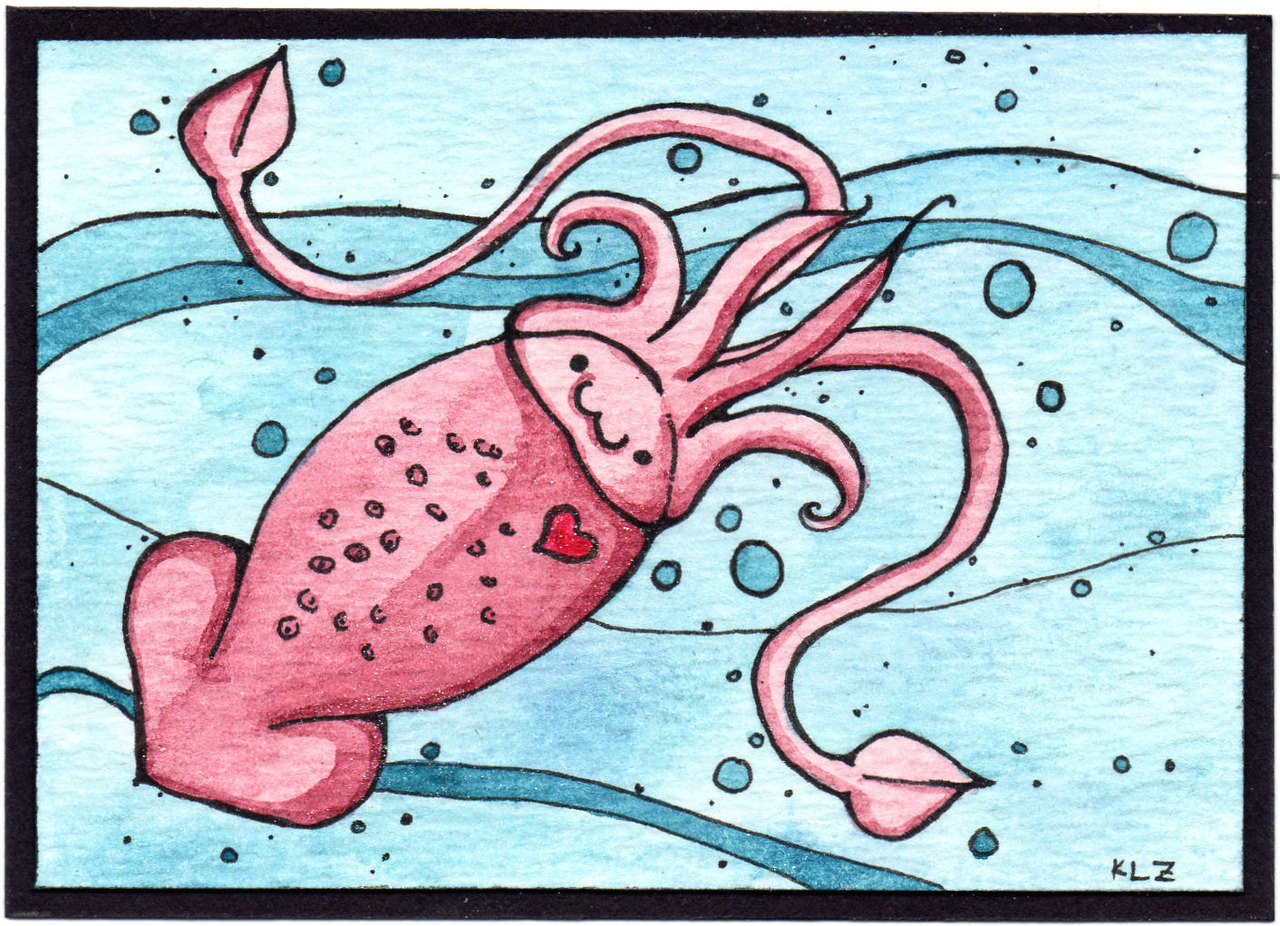 Kawaii Calamari - 2.5" x 3.5" ink and watercolor by Kristina