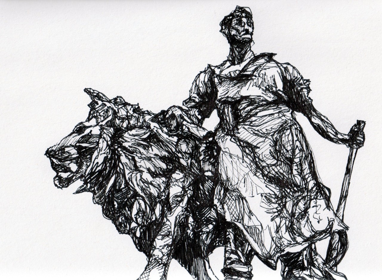 Pen drawing of a sculpture outside Birmingham Palace in London.