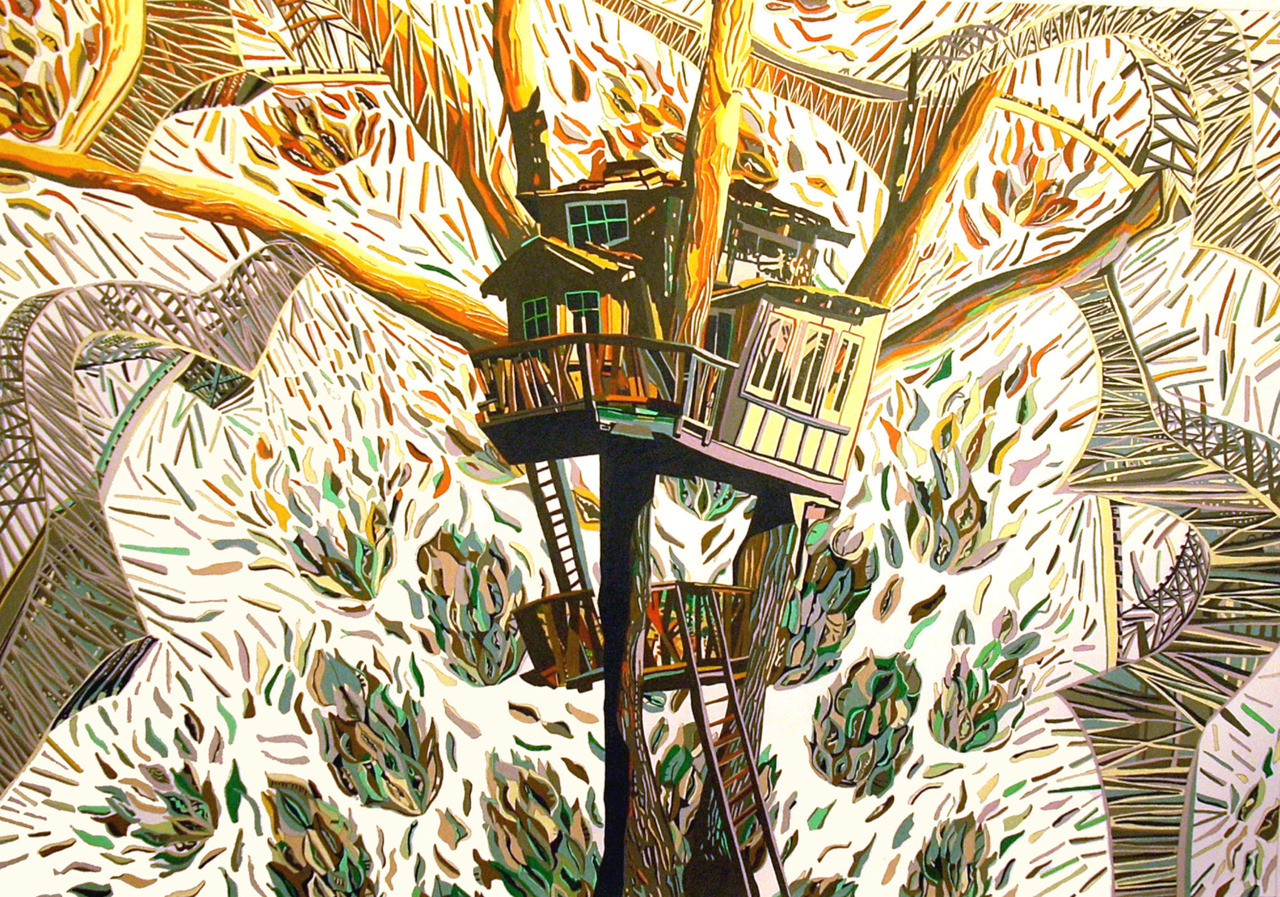 Flying Tree house, colored pencil on paper, 3x5 feet