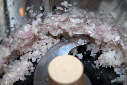 Shallots minced in a food processor.