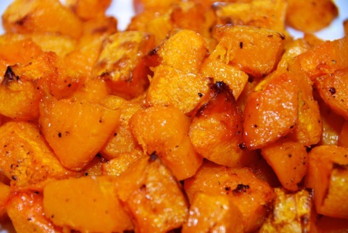 Cubed pieces of roasted butternut squash.