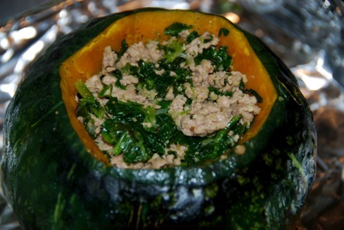 A kabocha squash stuffed with pork and spinach.
