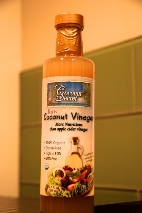 A bottle of coconut vinegar.