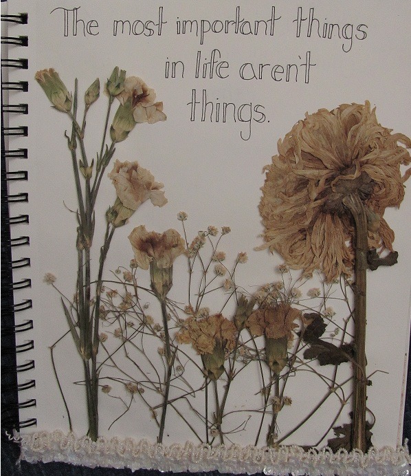 “The most important things in life, aren’t things.” - Made with pressed flowers, lace, sequence, and ink. http://linnearodriguez.tumblr.com