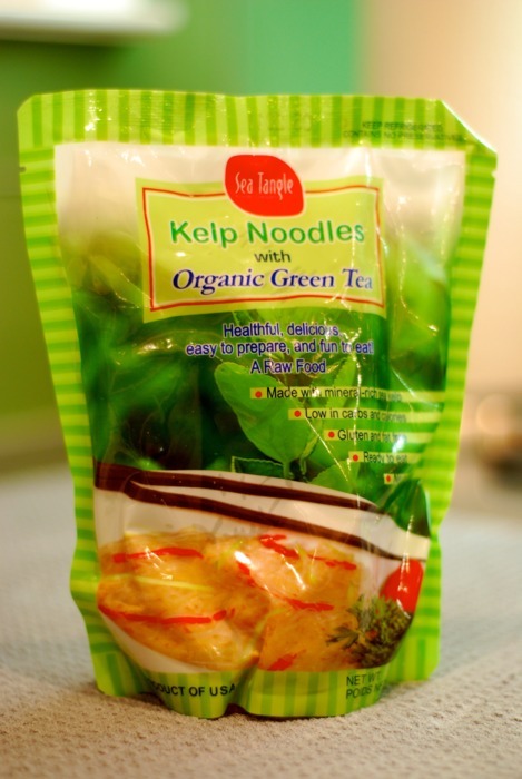 A bag of paleo approved kelp noodles with organic green tea.