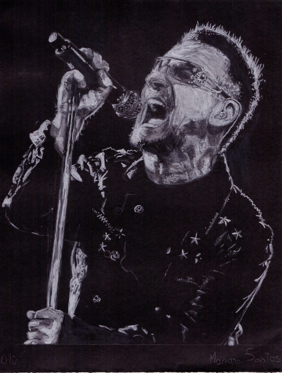 I did this painting of bono has a christmas present for my aunt and uncle, they are big U2 fans. Black Paper and pastel pencils 31/12/2010 - 15 years old if you want to see more of my work here’s my...