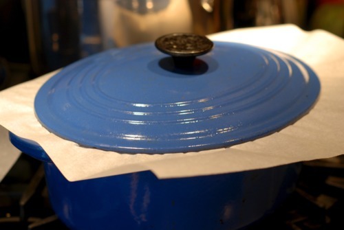 A blue Dutch oven with a lid on top. Paper towels are in between the lid and the pot.