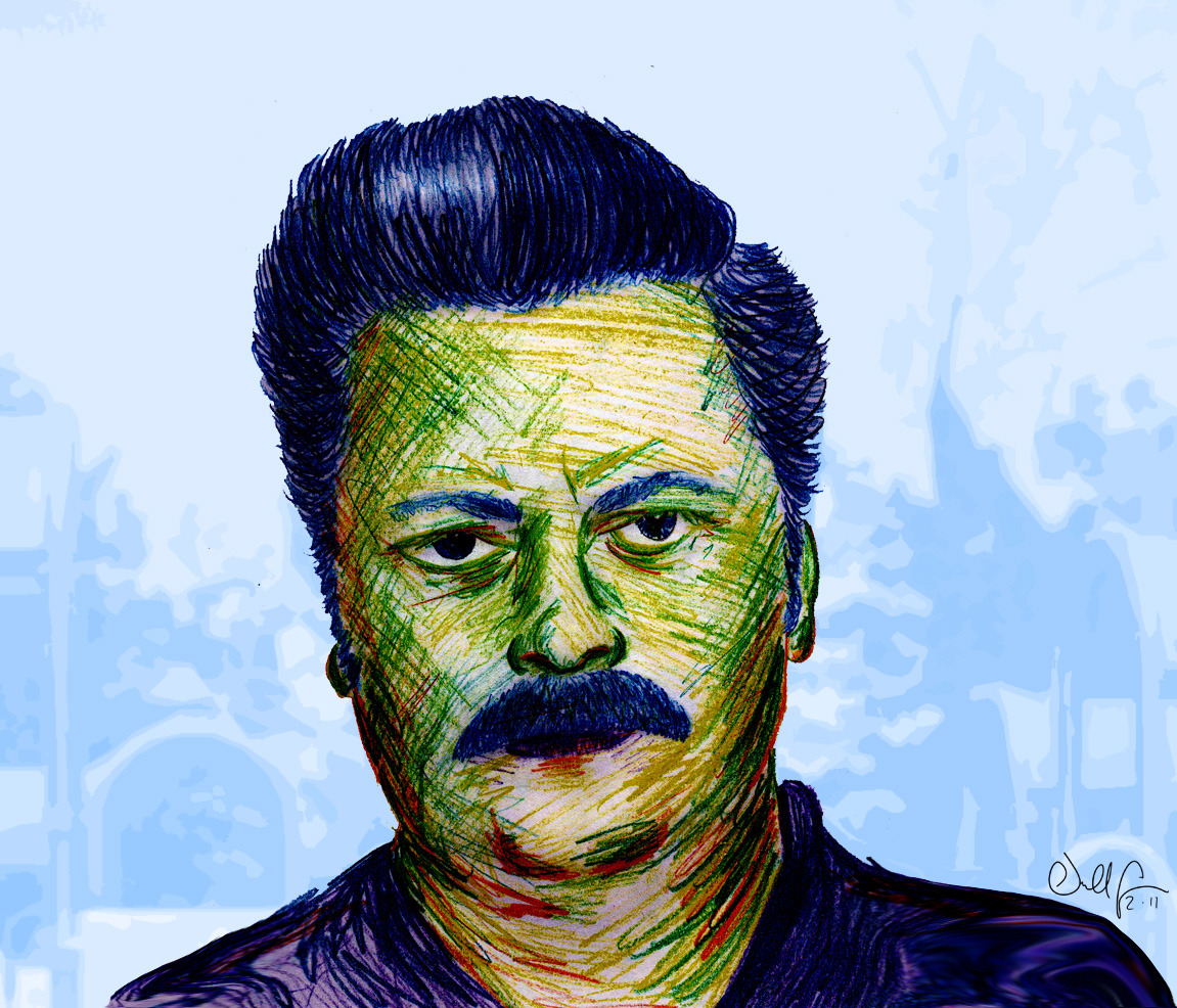 colored pencil illustration/photoshop/portrait of Parks and Recreation character Ron Swanson. For The Rye Record http://nickcamia.tumblr.com/
