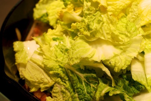 Napa cabbage is placed in a cast iron skillet on top of fried bacon and onions for a stir fried Napa cabbage recipe.