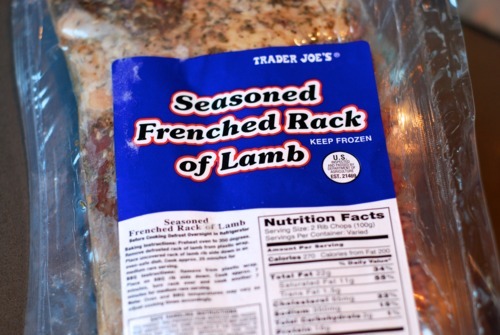 Close up of the package of seasoned frenched rack of lamb from Trader Joe's.