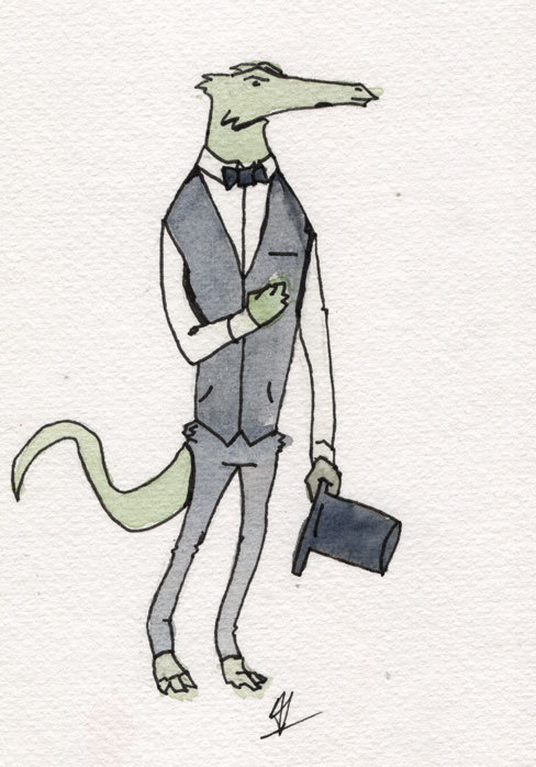 Here’s a little doodle of a lizard man in watercolour and ink.