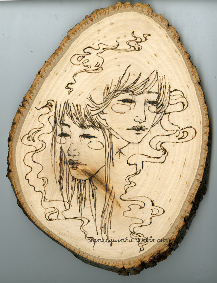 Woodburned piece as a practice for a school project. Click-through for more artwork along with other woodburned illustrations.