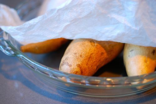 Yams are in a shallow microwave-safe bowl and are being covered with a wet paper towel to make microwaved yams.