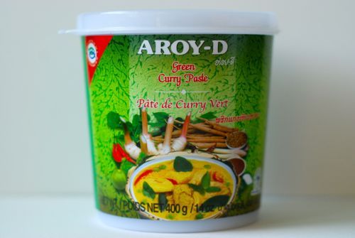 A big jar of Aroy-D green curry paste.