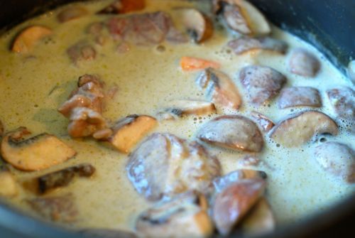The coconut stew for braised Thai green goat curry in a large pot.