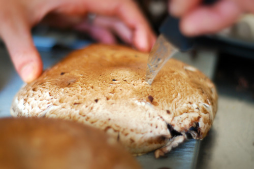 A paring knife is cutting an "X" on the top of a Portobello mushroom.