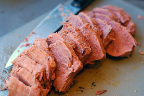 A sliced up sous vide beef tongue.