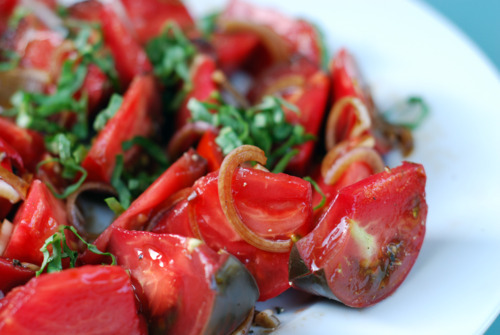A closeup of tomato basil salad, an easy Whole30 summer vegetable side dish.
