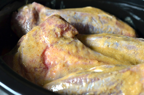 The yellow curry marinade is poured over the goat shanks that are sitting in the slow cooker.