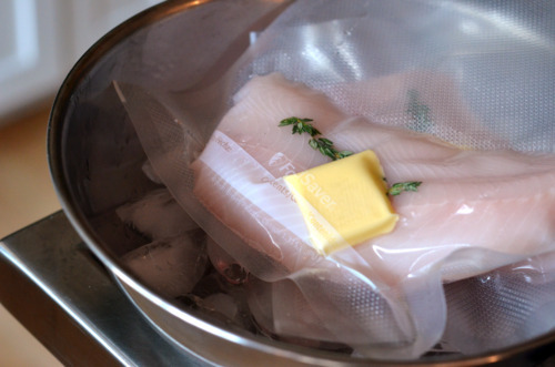 Vacuum sealed black cod fish fillets with a pat of ghee and a sprig of thyme.