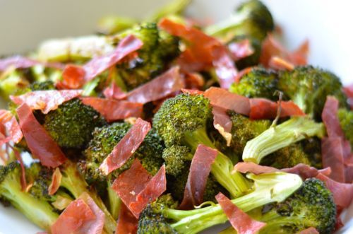 Roasted Broccoli With Crispy Prosciutto and Balsamic Vinegar in a bowl.