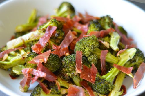 Roasted Broccoli With Crispy Prosciutto and Balsamic Vinegar in a bowl.