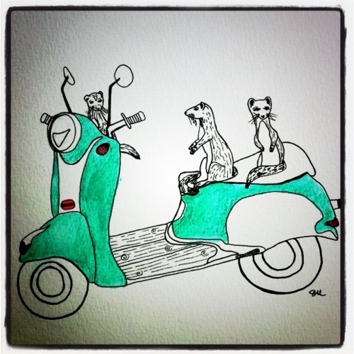 I asked my fiance what I should draw. He said a “scooter gang.” In his mind he imagined a bunch of scooters. In mine I imagined one scooter and a gang of weasels (technical term). And this is what we ended up with.