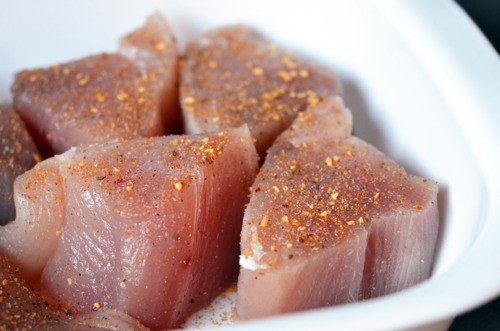 A single layer of albacore tuna steaks are put into an oven-safe dish.