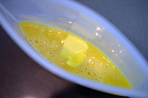 Scrambled eggs inside a reusable sous vide bag.