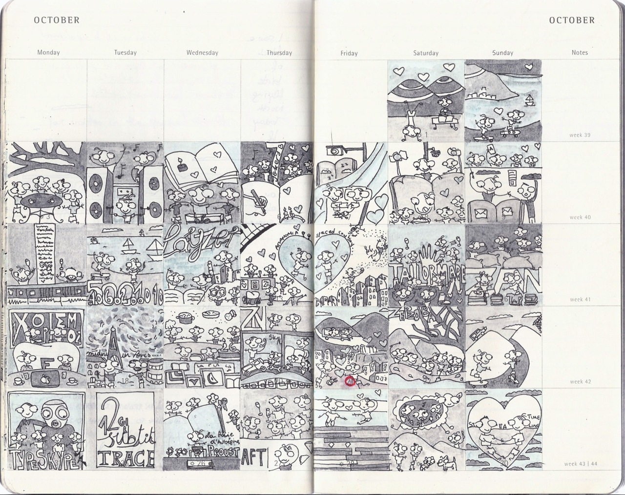 Helloo this is my monthly diary where I draw what i do every day, this was october: sheeps, longboards and love!