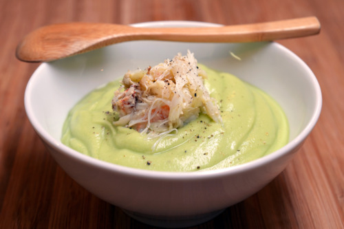 A bowl of chilled avocado cream soup with Dungeness crab.