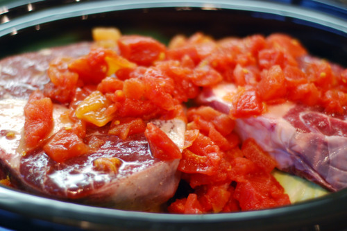 Diced tomatoes poured on top of grass fed beef shanks in a slow cooker.