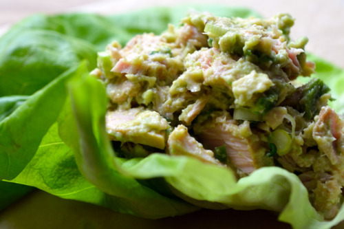 Tuna and avocado wraps in butter lettuce.