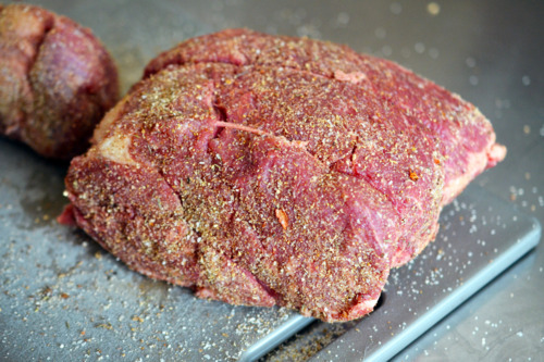 A well seasoned chunk of organic grass fed beef chuck roast.