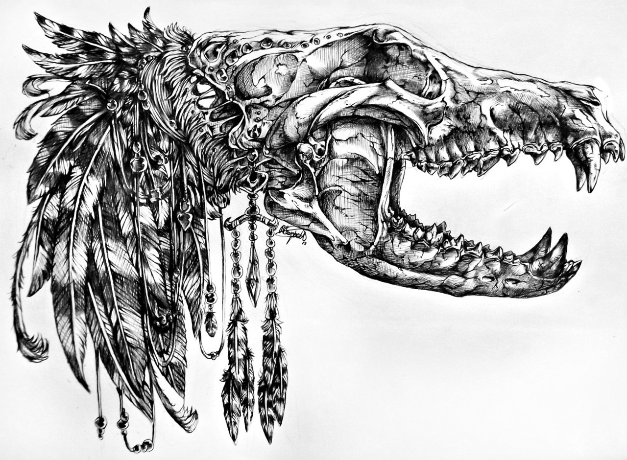 Voices Another really fun piece! The wolf skull was referenced, however the headdress was designed by me. Hope you guys like it! Black ball point pen | App. 4 Hours. Art Tumblr.