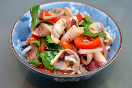 A bowl of grilled calamari with roasted red bell peppers.
