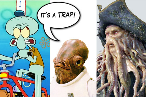 Different cartoon squids with a cartoon bubble saying, "It's a trap!"