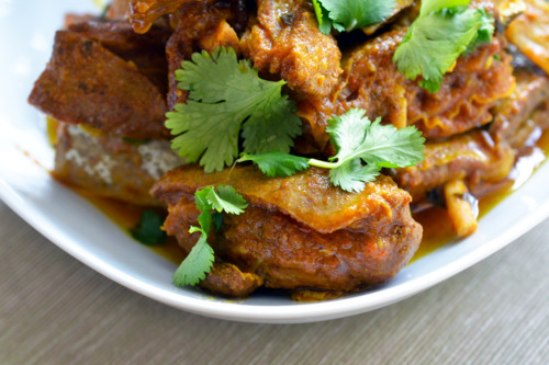 Instant Pot Indian Curry Lamb Spare Ribs in a white bowl topped with cilantro.