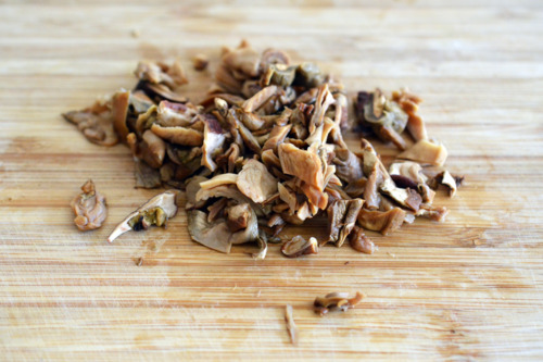 Coarsely chopped rehydrated dried porcini mushrooms.